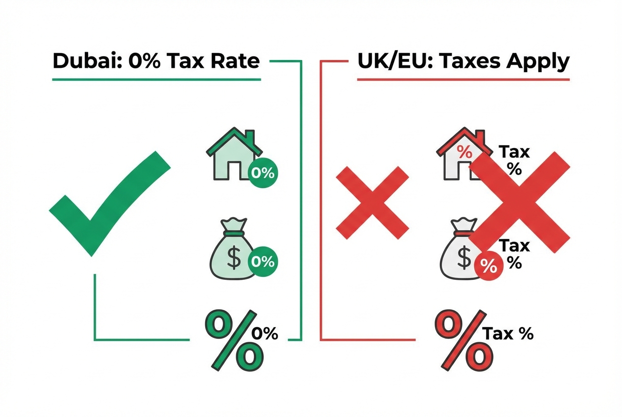 UK vs Dubai property tax comparison infographic